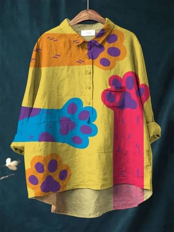 Stilvolle Damen Oversize Bluse mit markantem Katzenmotiv; modisch, locker geschnitten & bequem.
