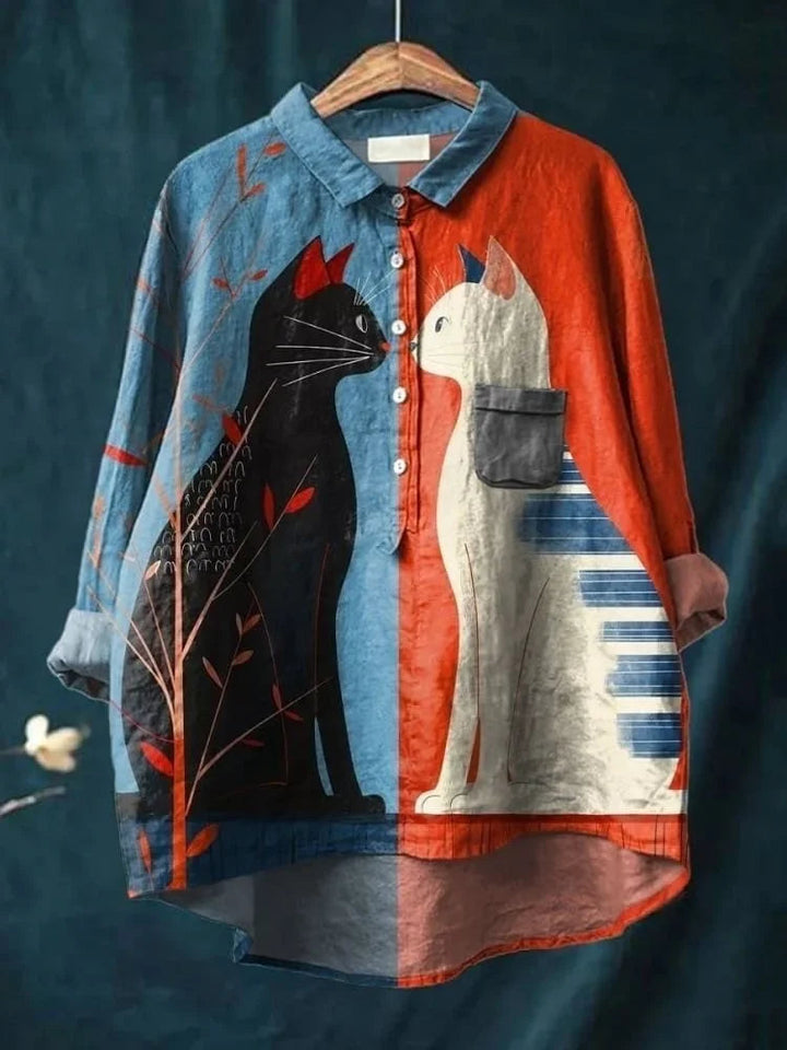 Einzigartige Damenbluse mit großem Katzenmotiv-Kunstdruck; Oversize-Schnitt für lässige Sommer-Outfits.