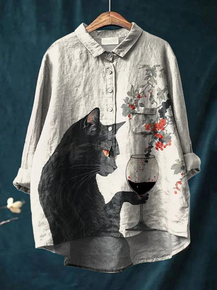 Casual Damenbluse im Oversize-Stil mit auffälligem Katzenmotiv; Frühling/Sommer Oberteil, modern.