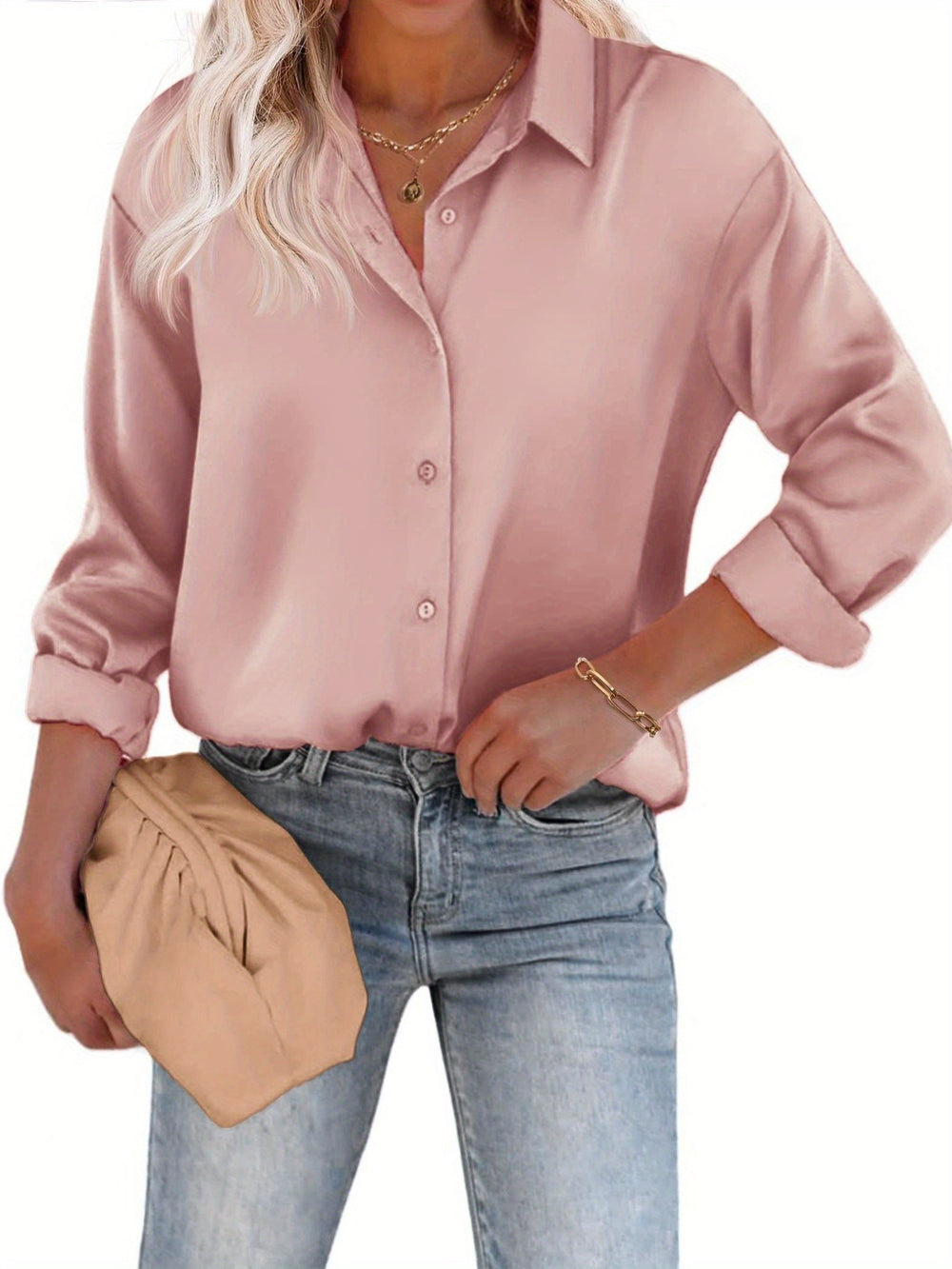 Modische Damen Business Bluse mit luxuriösem Glanz. Klassische Langarm Bluse mit Reverskragen.