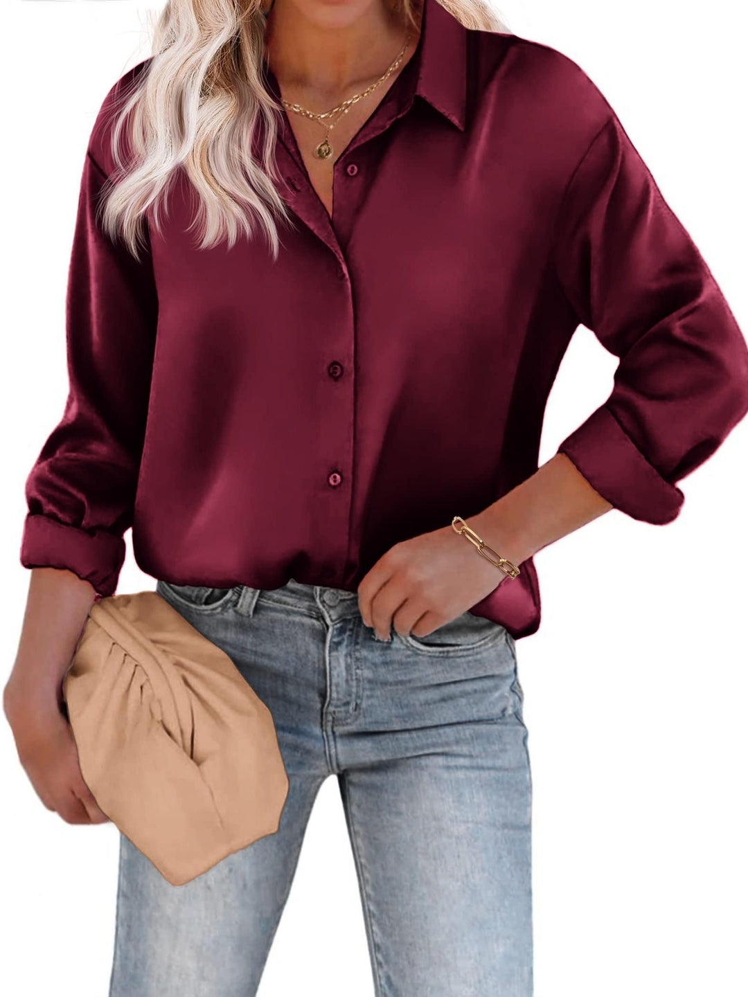 Zeitlose Damen Freizeit Bluse aus glänzendem Stoff. Elegante Langarm Bluse mit Reverskragen & Knopfleiste.