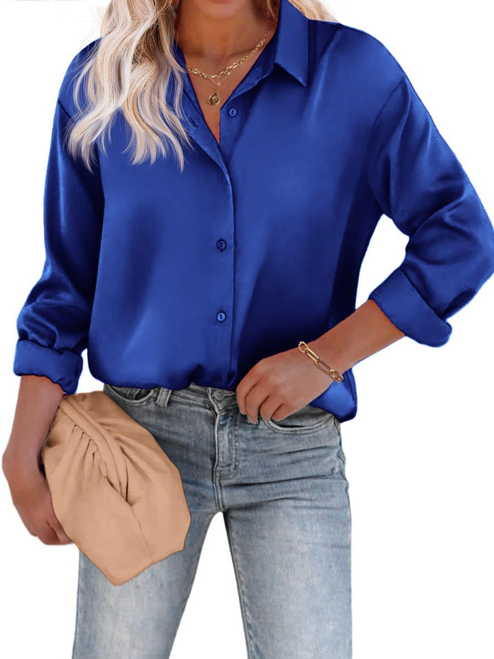 Klassische Damen Glanz Bluse, perfekt für jeden Anlass. Langarm, Reverskragen & elegante Knopfleiste.