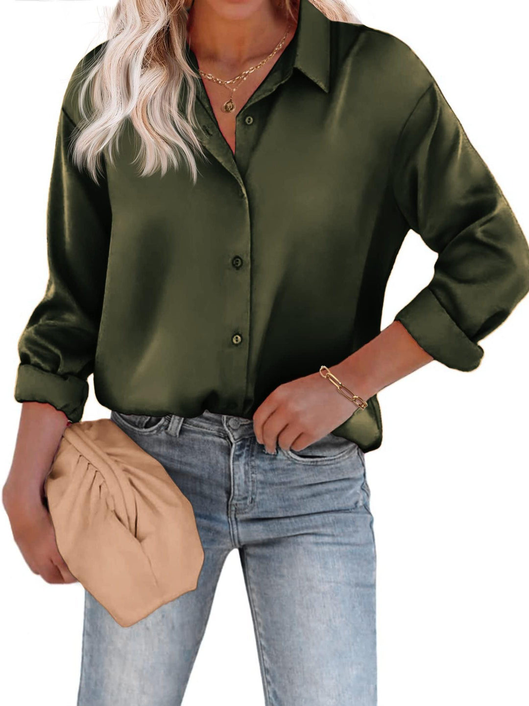 Detailansicht: Elegante Damen Glanz Bluse mit Knopfleiste & Reverskragen. Ganzjahres Bluse für modische Looks.