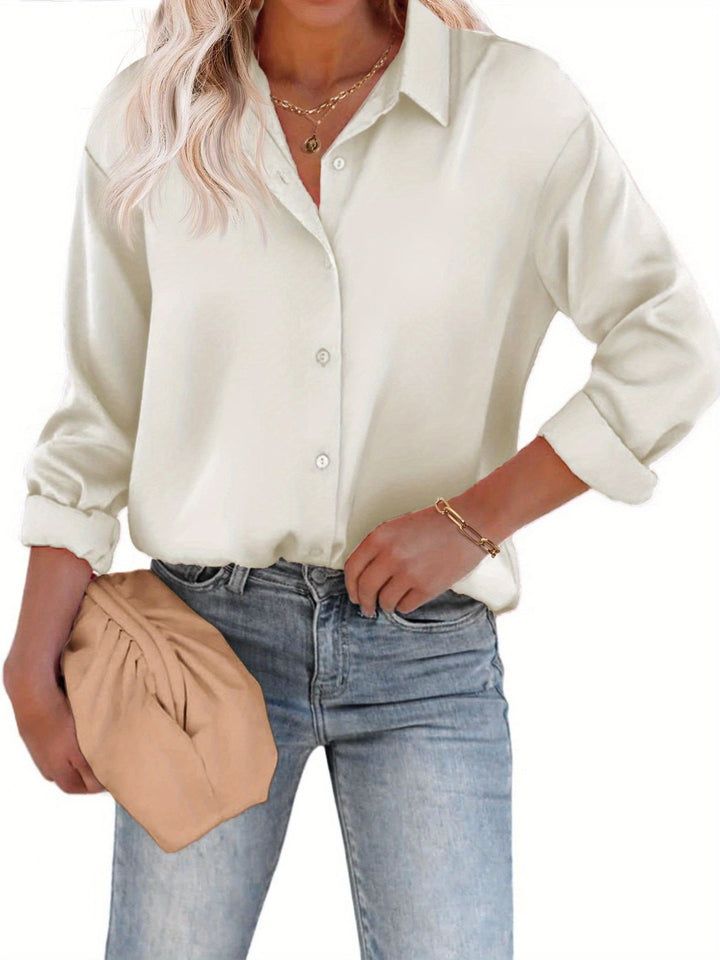Elegante Damen Glanz Bluse mit Langarm, Reverskragen & Knopfleiste. Vielseitig für Business und Freizeit.