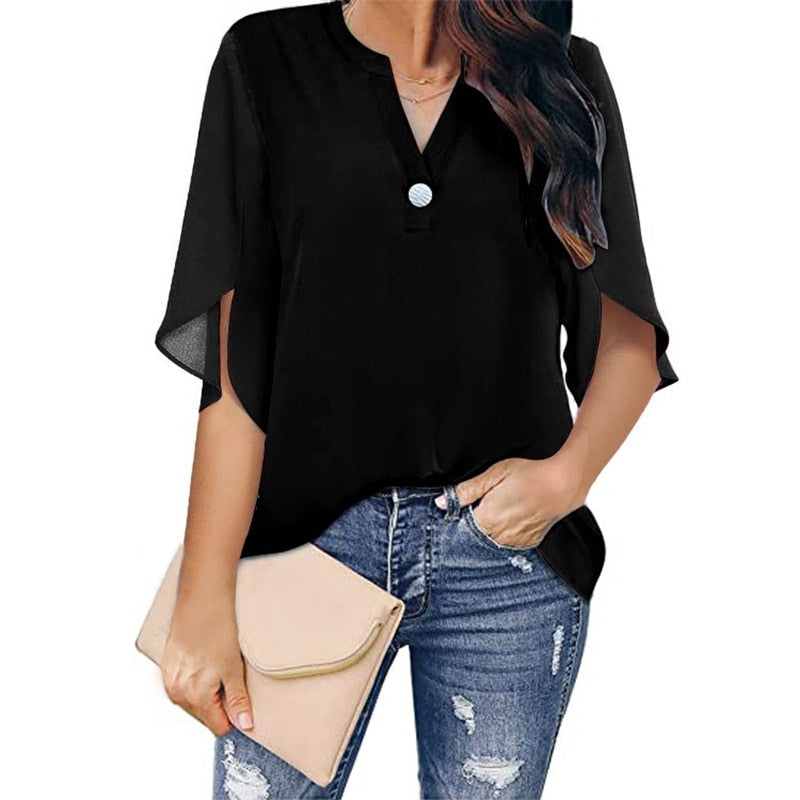 Damen Bluse V-Ausschnitt, locker fließend, elegant. Ideal für Sommer & Freizeit.