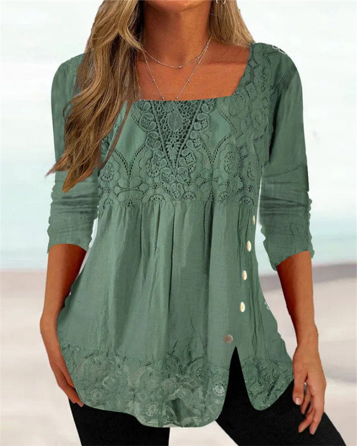 Feminine Damenbluse mit eleganter Stickerei, A-Linien-Schnitt und Knöpfen. Ideal für Freizeit und Sommer.