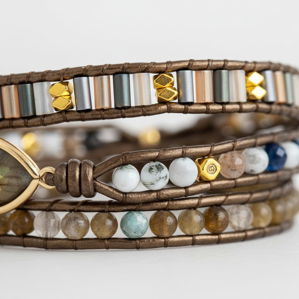 Elegantes Boho-Armband für Damen, gewickelt mit echten Labradorit-Steinen. Einzigartiger Edelsteinschmuck für Kreativität.