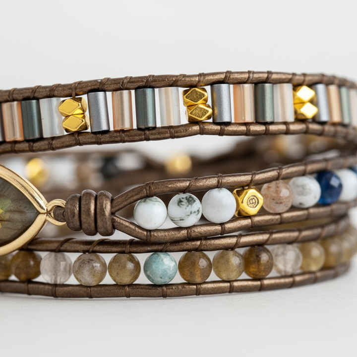 Elegantes Boho-Armband für Damen, gewickelt mit echten Labradorit-Steinen. Einzigartiger Edelsteinschmuck für Kreativität.