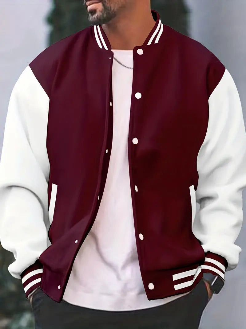 Lässige Herren College Jacke mit Druckknöpfen und gestreiften Bündchen, vielseitige Übergangsjacke für Männer.