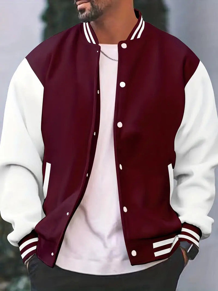 Lässige Herren College Jacke mit Druckknöpfen und gestreiften Bündchen, vielseitige Übergangsjacke für Männer.