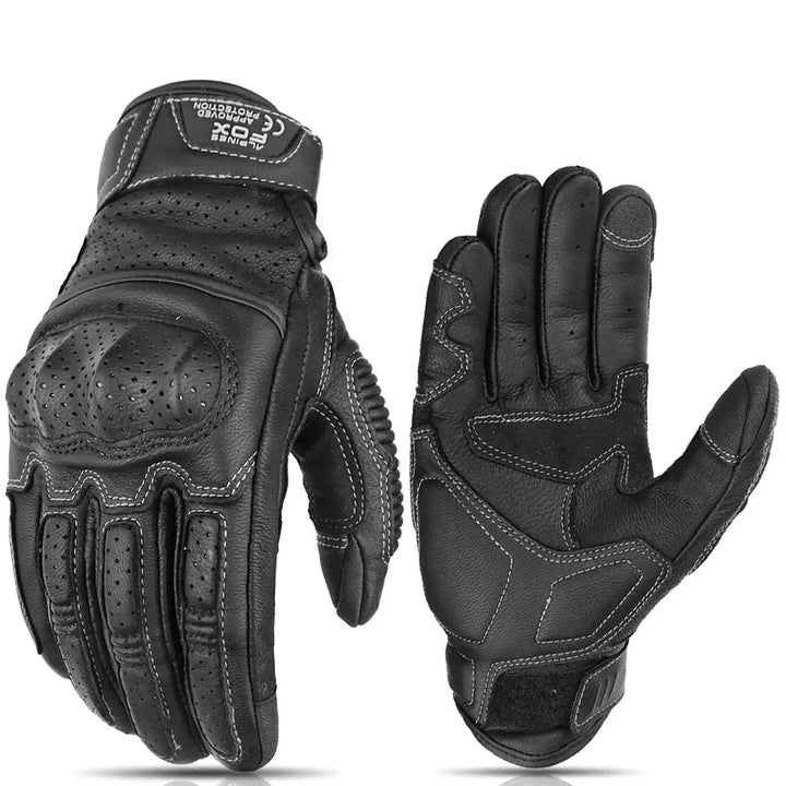 Detail der Vintage Herren Motorradhandschuhe: Knöchelschutz, verstärkte Handfläche & verstellbarer Bund.