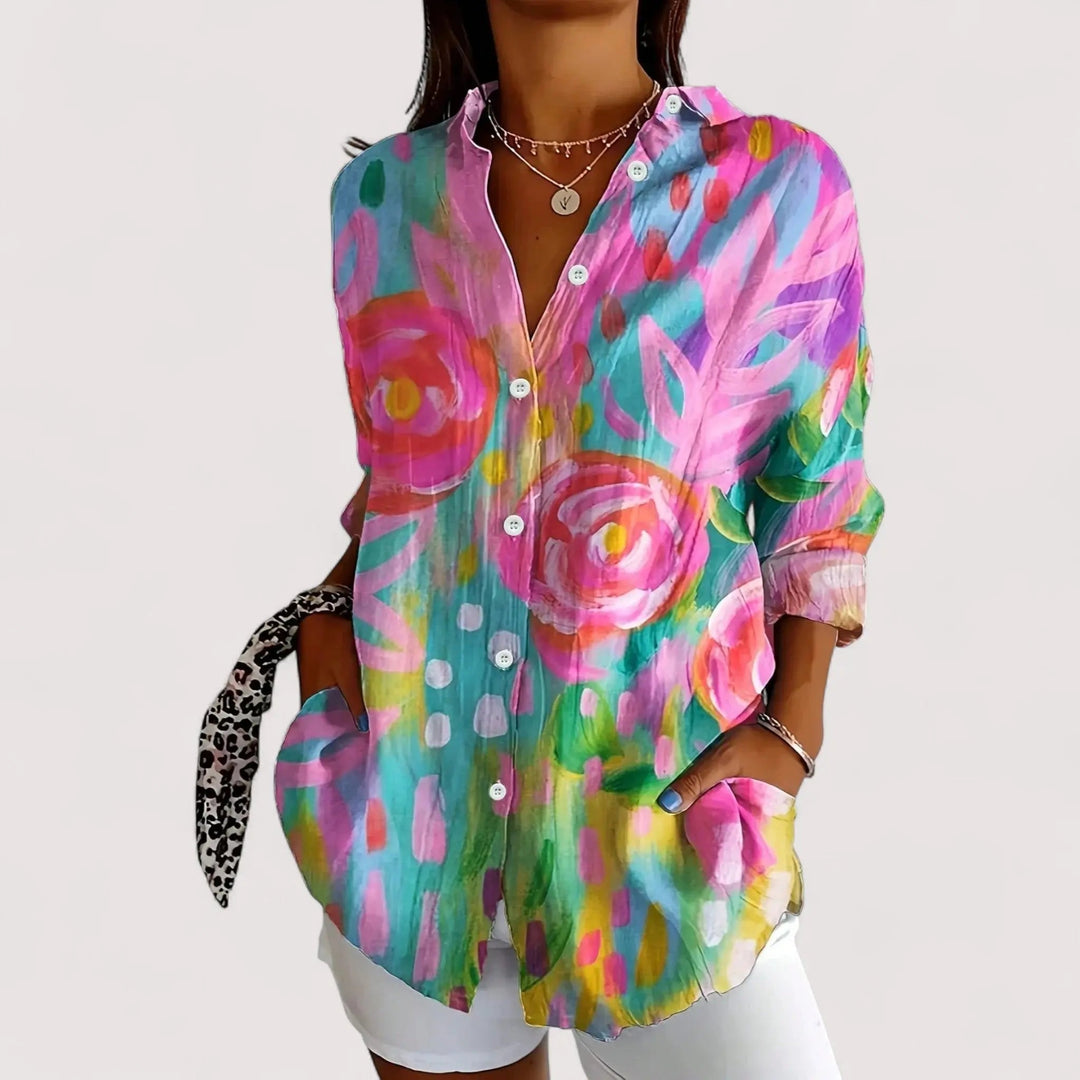 Modische Damen Blumenbluse mit lebendigem Print, Stehkragen & langen Ärmeln für frühlingshafte Looks.