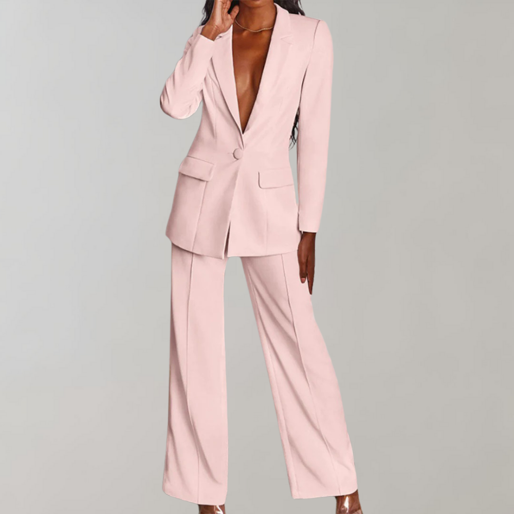 Eleganter Damen-Zweiteiler: Stilvoller Blazer & passende Hose für einen schicken Auftritt.
