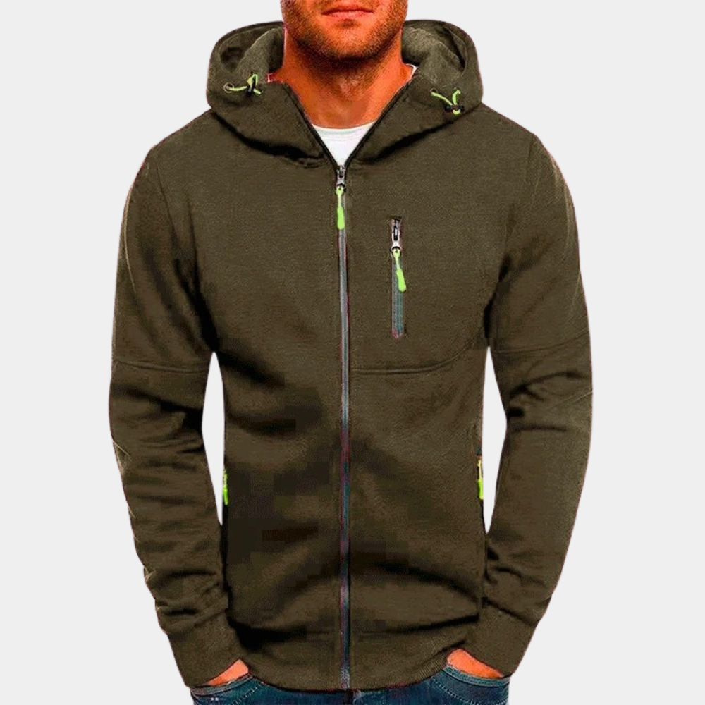Lässiger Herren Kapuzenpullover mit Reißverschluss, bequeme Passform, unverzichtbarer Teil der Herrenmode.
