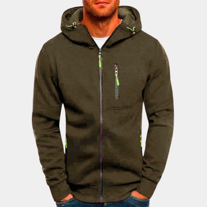 Lässiger Herren Kapuzenpullover mit Reißverschluss, bequeme Passform, unverzichtbarer Teil der Herrenmode.