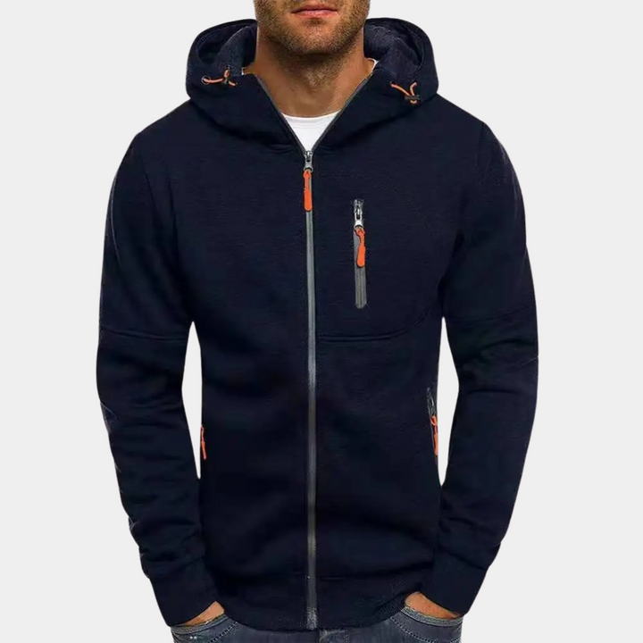 Vielseitiger Herren Reißverschluss Hoodie, ideal als Übergangsjacke & für trendige Lagenlooks.