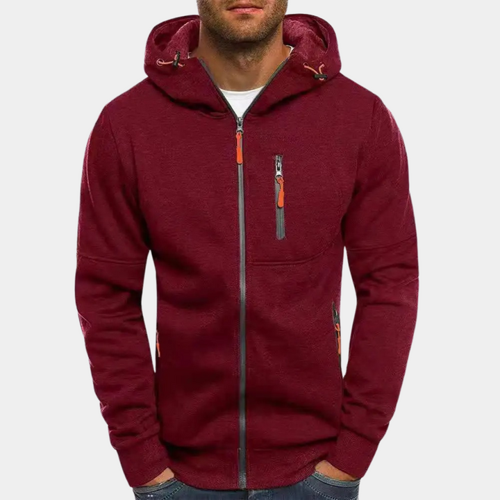 Detailansicht des Herren Reißverschluss Hoodies mit Kapuze, hochwertige Verarbeitung für besten Komfort.