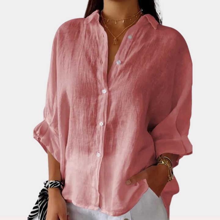 Bequeme Ysolde Leinenbluse für Damen, langärmlig, mit Knopfverschluss, perfekt für elegante Frühlingsoutfits.