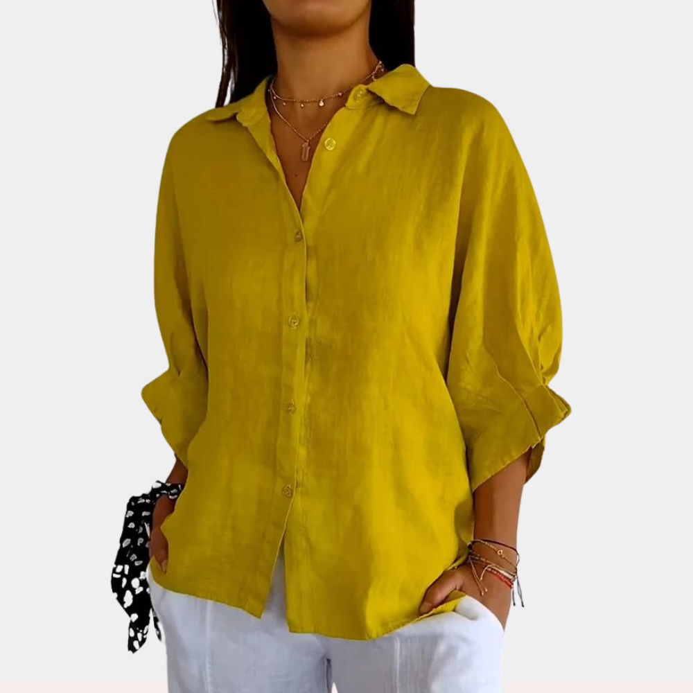 Elegante Ysolde Damen-Leinenbluse mit langen Ärmeln und Knopfleiste für vielseitige Frühlings- und Sommerlooks.