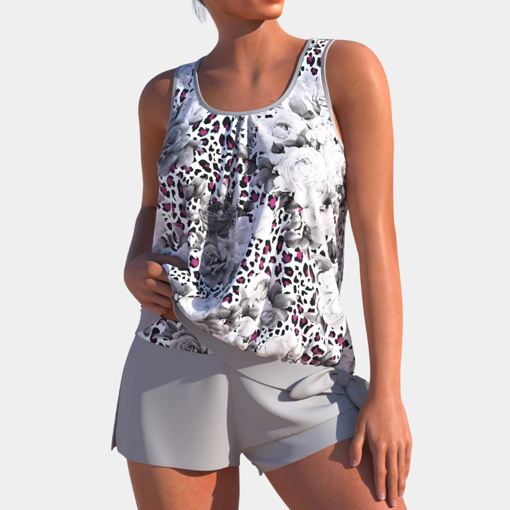 Komfortabler Damen Tankini Zweiteiler Malia für Sommerurlaub, stylisch für Schwimmen und Entspannung am Pool.