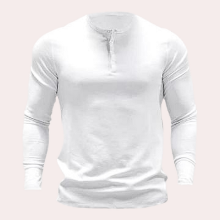 Moderner Herren Langarm-Strickpullover mit Rundhals und markantem Vier-Knopf-Verschluss. Vielseitig und komfortabel für Männer.