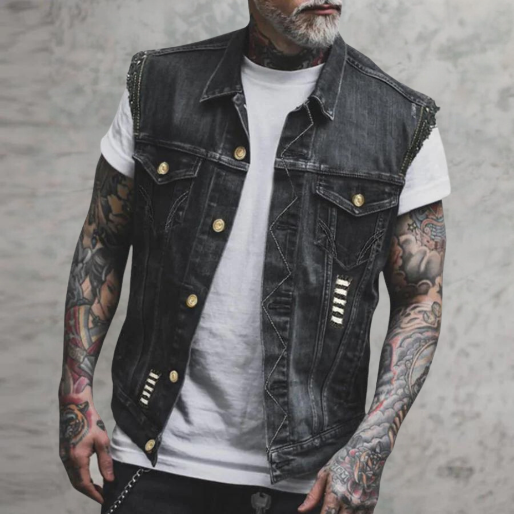 Stylische schwarze Jeansweste für Herren im Retro-Stil, ideal für Casual Mode und Übergangszeiten.
