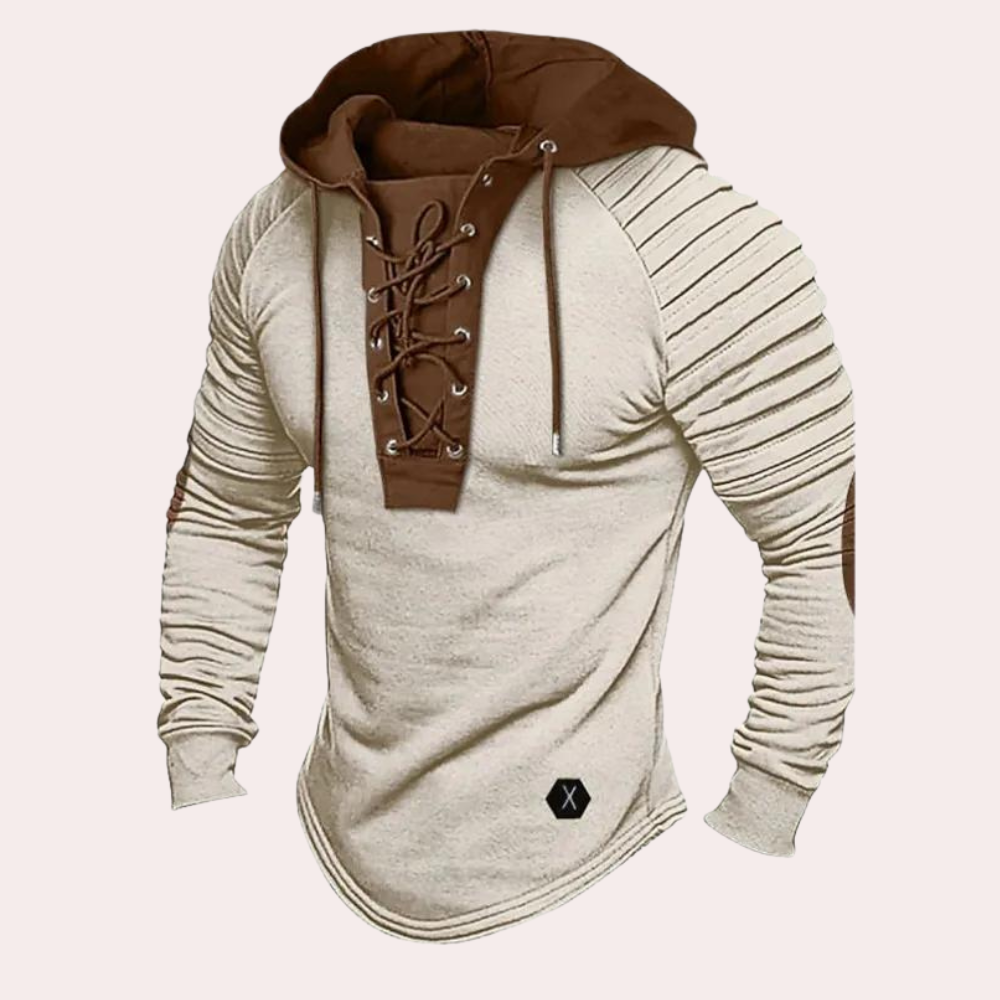 Eleganter beiger Herren Hoodie, Kapuzenpullover für stilvolle Freizeitkleidung. Warmer, bequemer Pullover für Männer.