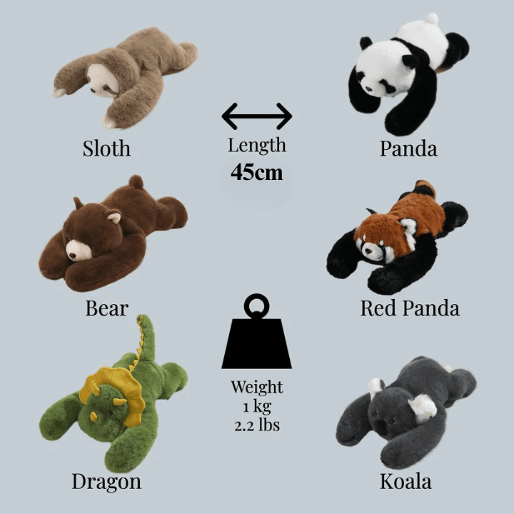 Verschiedene Plüschtiere (Faultier, Panda) mit langen Armen aufgereiht, bereit für Umarmungen.