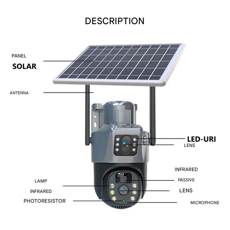 Robuste kabellose 4K Außenkamera mit Solarpanel, ideal für Hausüberwachung und Gartensicherheit.