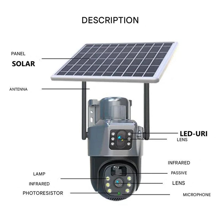 Robuste kabellose 4K Außenkamera mit Solarpanel, ideal für Hausüberwachung und Gartensicherheit.