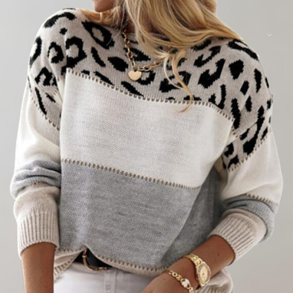 Gemütlicher Damen Strickpullover, super weich, mit modernem Farbblock und angesagtem Leoparden-Print. Herbst/Wintermode.