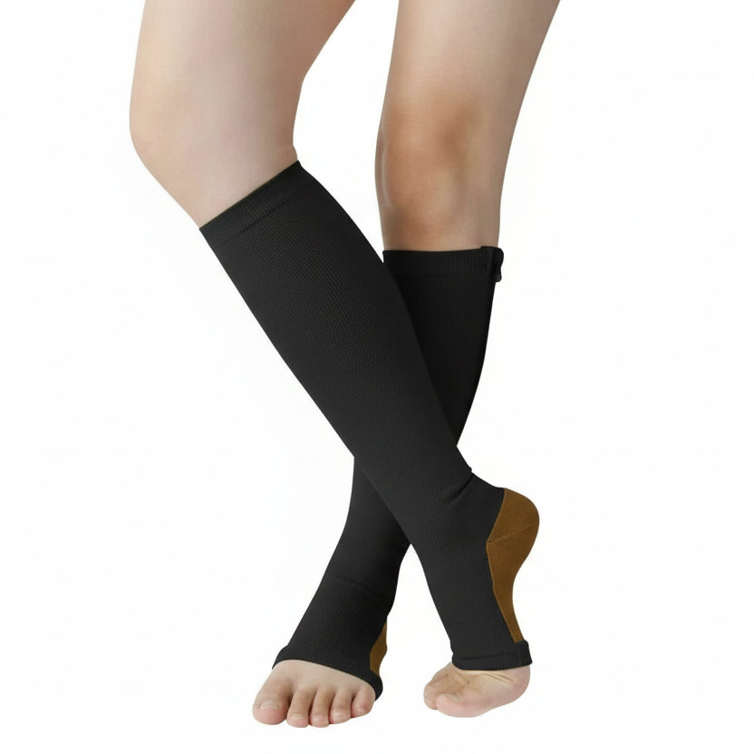 Unisex Kompressionsstrümpfe mit Reißverschluss & offener Zehe. Elastisch, atmungsaktiv für Komfort bei müden Beinen.