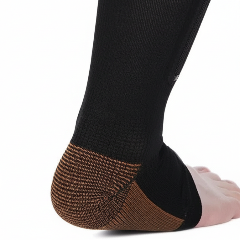 Kompressionsstrümpfe mit Reißverschluss, schnell anzulegen. Wirksam bei Schwellungen & müden Beinen, unisex Design.