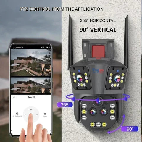 Kabellose 20MP Überwachungskamera mit 20x Zoom und Farb-Nachtsicht für flexible Installation im Außenbereich.