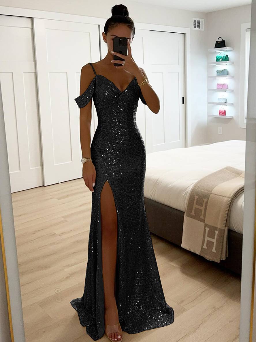 Glamouröses Damen Pailletten Maxikleid, V-Ausschnitt, Seitenschlitz. Perfektes, elegantes Abendkleid für besondere Anlässe.