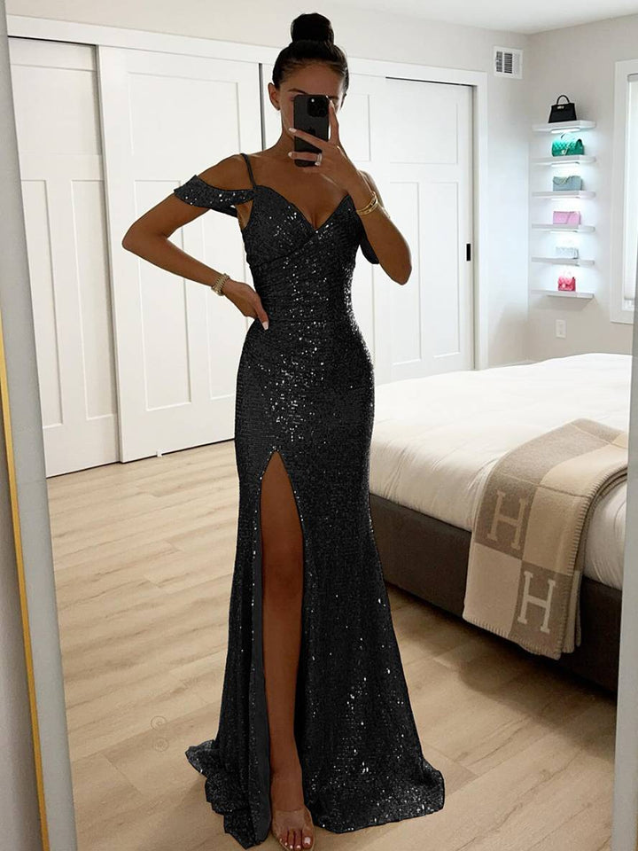 Elegantes Abend-Maxikleid für Damen, Pailletten, V-Ausschnitt & verführerischer Seitenschlitz. Perfekt für Partys.