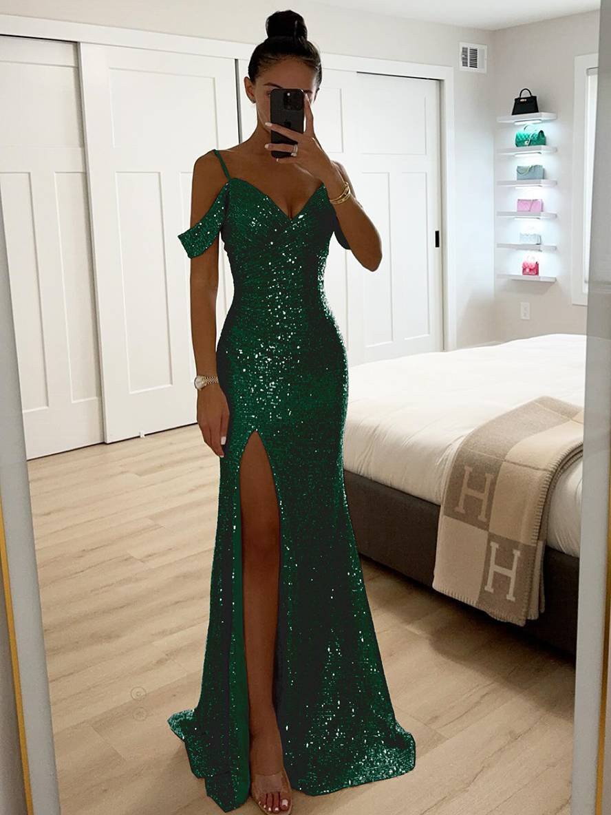 Langes Pailletten-Abendkleid für Damen mit V-Ausschnitt und hohem Seitenschlitz. Festlich & sehr elegant.