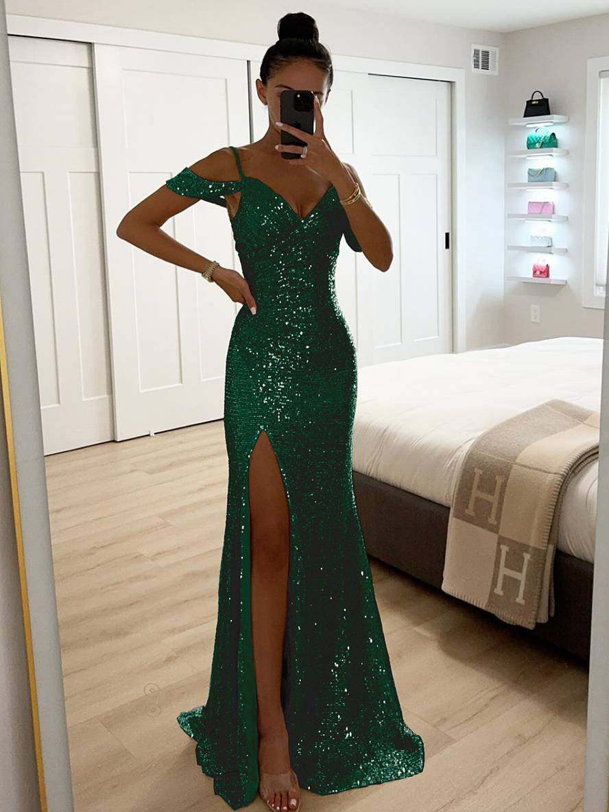 Damen Pailletten Maxikleid mit tiefem V-Ausschnitt und Seitenschlitz, ein glamouröses Highlight für festliche Events.