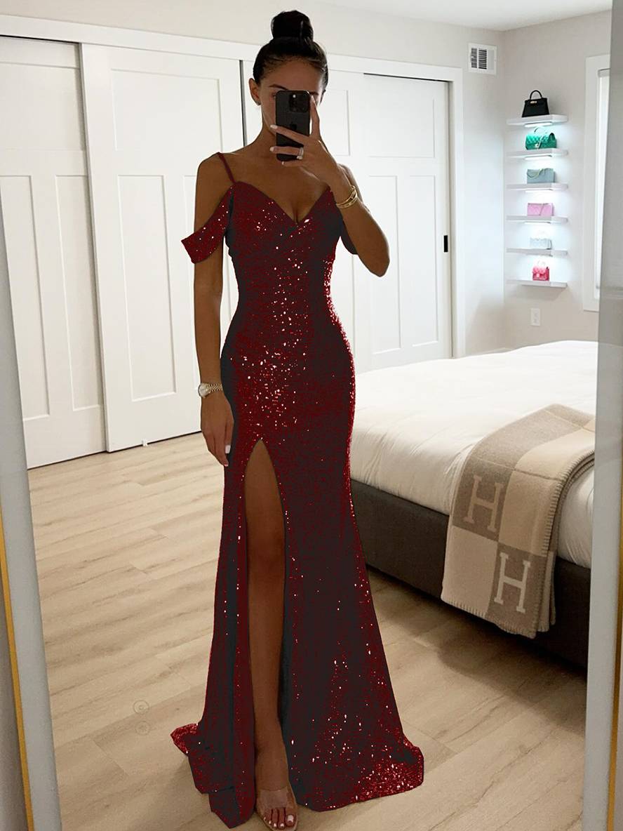 Exklusives Damen Pailletten Maxikleid, V-Ausschnitt, sexy Seitenschlitz. Ideal für Abendveranstaltungen und Gala.