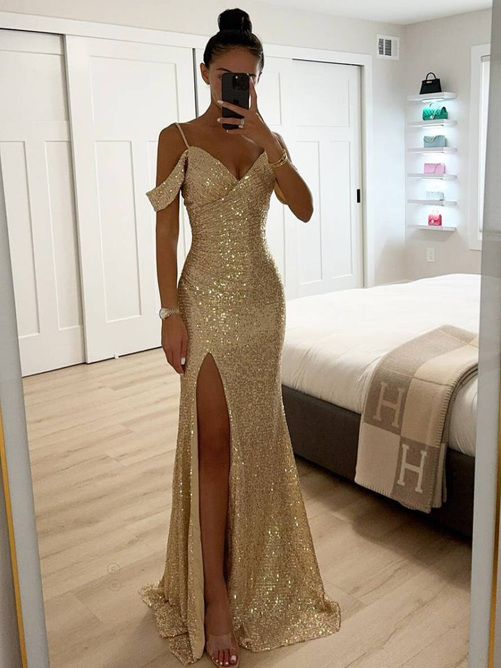 Damen Pailletten Maxikleid mit V-Ausschnitt, Seitenschlitz, elegant für Abend- & Party-Anlässe.