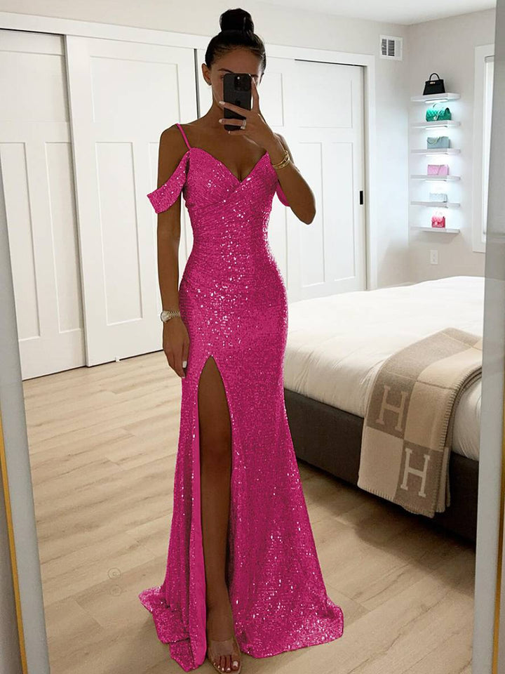 Glitzerndes Damen Maxikleid aus Pailletten, V-Ausschnitt, Seitenschlitz. Wunderschönes Abend- & Partykleid.