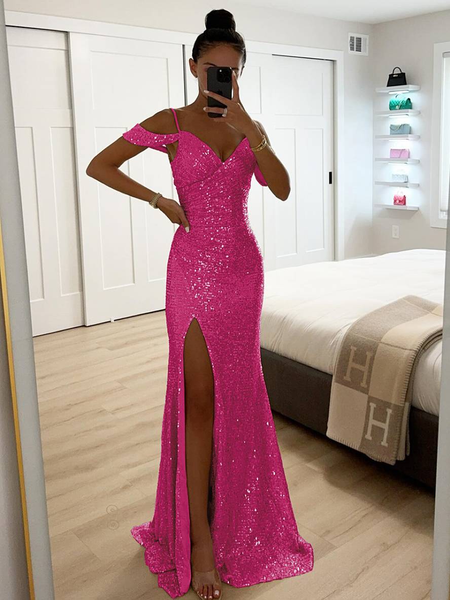 Schimmerndes Damen Maxikleid Pailletten, V-Ausschnitt, Seitenschlitz; für glamouröse Abend-Looks & Partys.