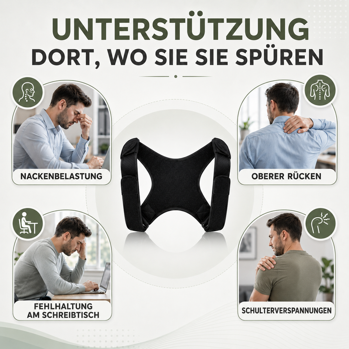 Übersichtsgrafik zu Nackenbelastung, Fehlhaltung am Schreibtisch und Schulterverspannungen