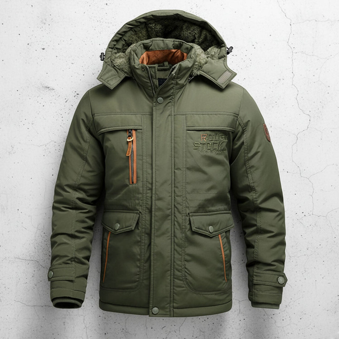 Herren Winterparka in Dunkelblau, warm & robust für Outdoor. Wasserabweisend, isolierte Jacke mit Kapuze.