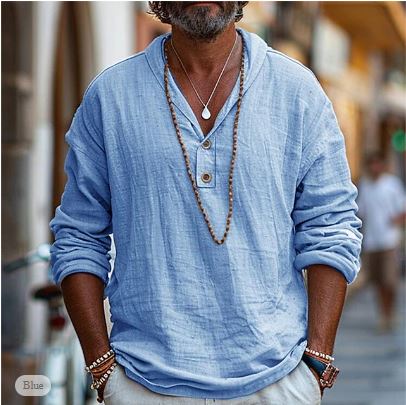Leichtes Leinen-Henley-Shirt für Herren, ideal als Sommerhemd. Lässiges Oberteil für Urlaub und Freizeit.