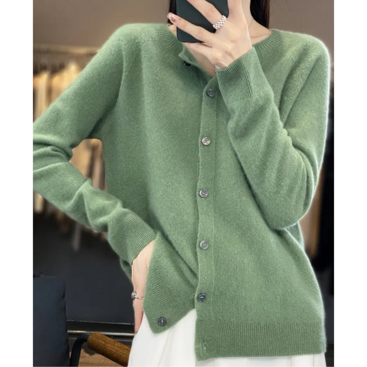 Modischer Damen Strickjacke mit O-Hals, elegant und vielseitig kombinierbar.