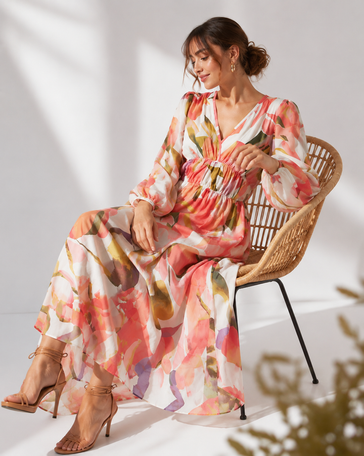 Damen Blumenkleid: Rosa, elegant, langärmlig. Ein stilvolles Abendkleid oder Partykleid für besondere Momente.
