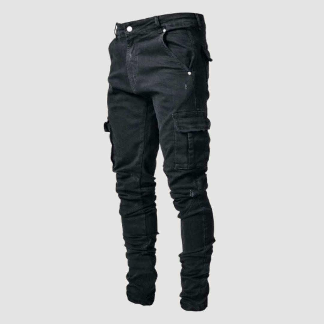 Slim Fit Cargo Jeans für Herren mit Dehnbarkeit. Praktische Freizeithose in Grau, ideal für Männer Mode.