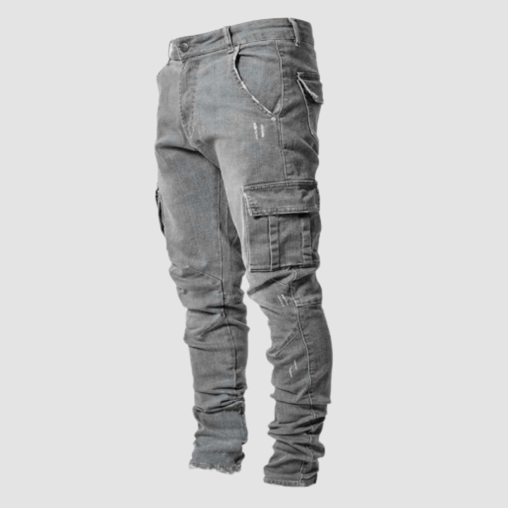Bequeme blaue Herren Cargo Jeans. Dehnbare Slim Fit Winterjeans, perfekt für Freizeit & moderne Männer.
