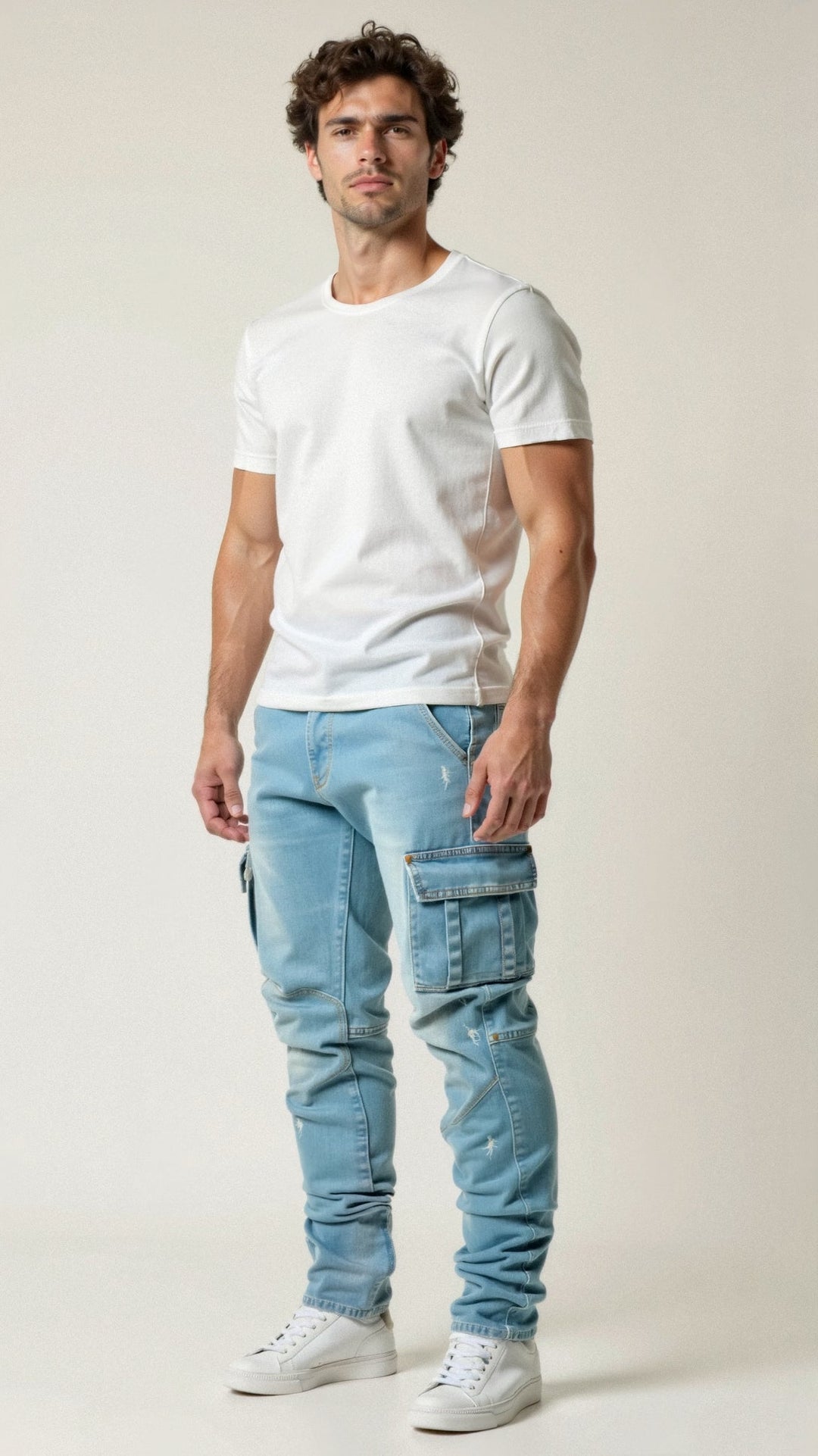 Dehnbare Cargo Jeans in Grau für Herren. Stylische Stretch-Freizeitjeans, bietet Bewegungsfreiheit & Langlebigkeit.
